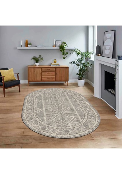 Dijital Baskılı Kaymaz Taban Yıkanabilir Oval Modern Yolluk Salon Halısı, V-O-MODERN-108-BEJ,