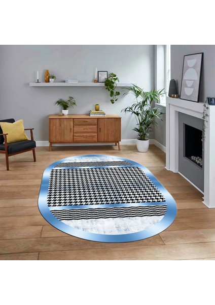 Dijital Baskılı Kaymaz Taban Yıkanabilir Oval Modern Yolluk Salon Halısı, V-O-Modern-10-Mavi,