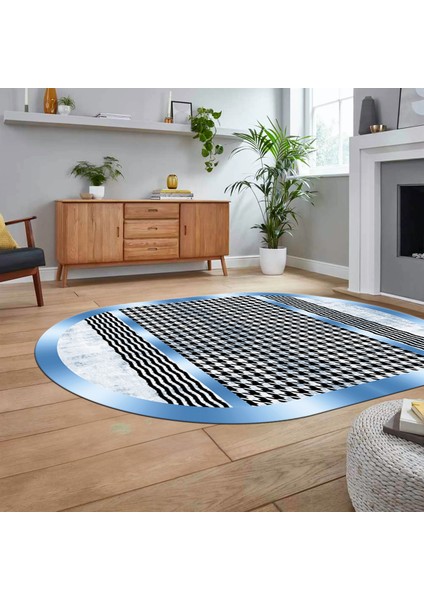 Dijital Baskılı Kaymaz Taban Yıkanabilir Oval Modern Yolluk Salon Halısı, V-O-Modern-10-Mavi,