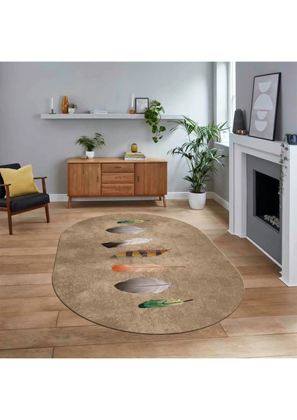 Dijital Baskılı Kaymaz Taban Yıkanabilir Oval Modern Yolluk Salon Halısı, V-O-MODERN-115-KAHVE,