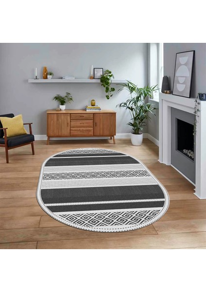 Dijital Baskılı Kaymaz Taban Yıkanabilir Oval Modern Yolluk Salon Halısı, V-O-Modern-18-Gri,