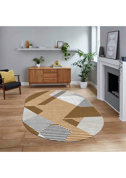 Dijital Baskılı Kaymaz Taban Yıkanabilir Oval Modern Yolluk Salon Halısı, V-O-Modern-09-Turuncu,