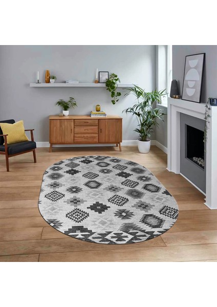 Dijital Baskılı Kaymaz Taban Yıkanabilir Oval Modern Yolluk Salon Halısı, V-O-Modern-99-Gri,