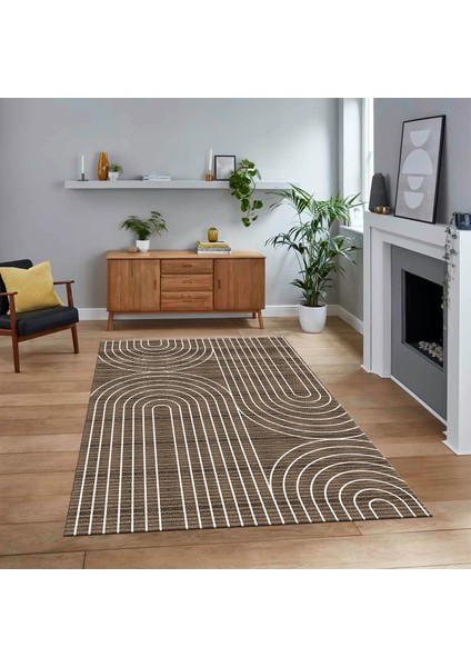 Dijital Baskılı Kaymaz Taban Yıkanabilir Modern Yolluk Mutfak Salon Halısı, V-MODERN-110-KAHVE,