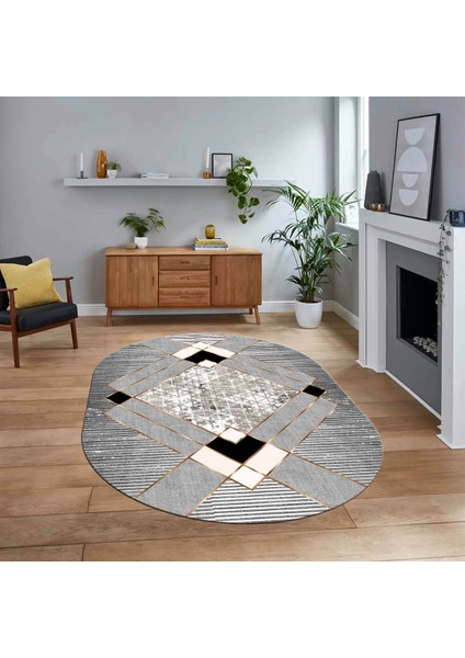 Dijital Baskılı Kaymaz Taban Yıkanabilir Oval Modern Yolluk Salon Halısı, V-O-Modern-12-Gri,