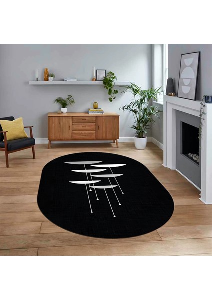 Dijital Baskılı Kaymaz Taban Yıkanabilir Oval Modern Yolluk Salon Halısı, V-O-MODERN-112-SİYAH,