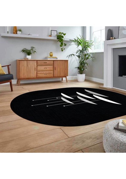 Dijital Baskılı Kaymaz Taban Yıkanabilir Oval Modern Yolluk Salon Halısı, V-O-MODERN-112-SİYAH, fiyatları