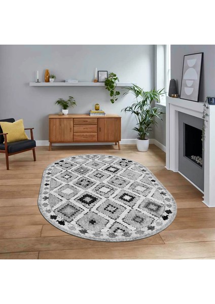 Dijital Baskılı Kaymaz Taban Yıkanabilir Oval Modern Yolluk Salon Halısı, V-O-Modern-60-Gri,