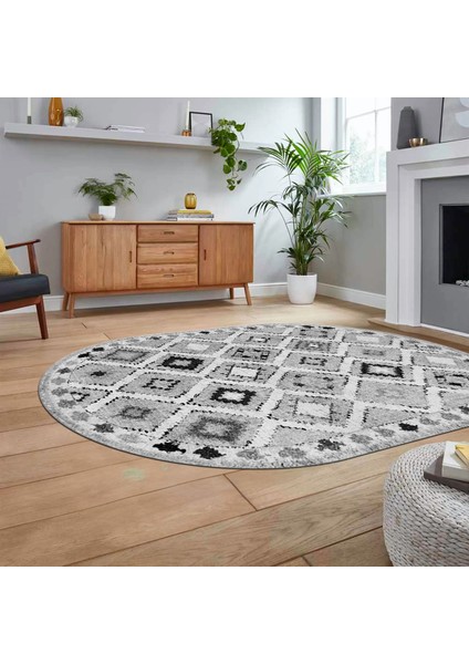 Dijital Baskılı Kaymaz Taban Yıkanabilir Oval Modern Yolluk Salon Halısı, V-O-Modern-60-Gri, fiyatları