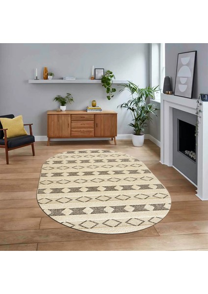 Dijital Baskılı Kaymaz Taban Yıkanabilir Oval Modern Yolluk Salon Halısı, V-O-Modern-64-Kahve,