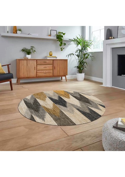 Dijital Baskılı Kaymaz Taban Yıkanabilir Yuvarlak Modern Mutfak Salon Halısı, V-Y-MODERN-104-KAHVE,
