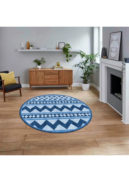 Dijital Baskılı Kaymaz Taban Yıkanabilir Yuvarlak Modern Mutfak Salon Halısı, V-Y-MODERN-105-MAVİ,