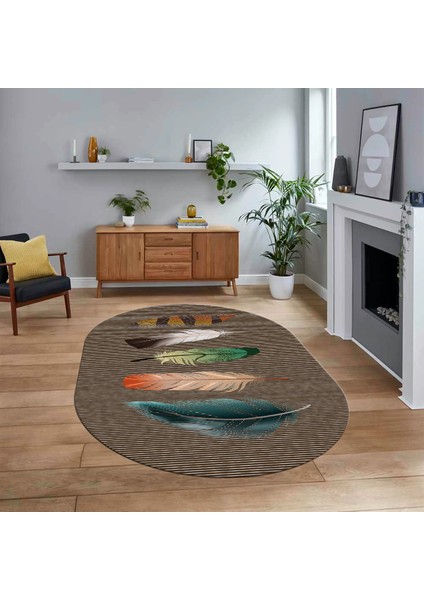 Dijital Baskılı Kaymaz Taban Yıkanabilir Oval Modern Yolluk Salon Halısı, V-O-MODERN-114-KAHVE,