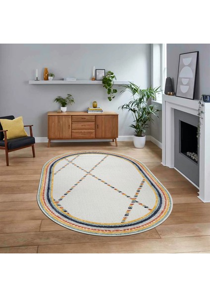 Dijital Baskılı Kaymaz Taban Yıkanabilir Oval Modern Yolluk Salon Halısı, V-O-Modern-76-Renkli,