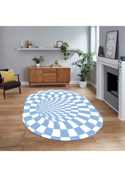 Dijital Baskılı Kaymaz Taban Yıkanabilir Oval Modern Yolluk Salon Halısı, V-O-Modern-78-Mavi,
