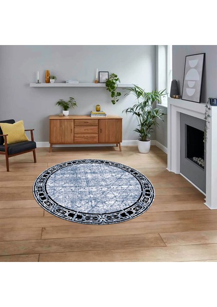 Dijital Baskılı Kaymaz Taban Yıkanabilir Yuvarlak Modern Mutfak Salon Halısı, V-Y-MODERN-118-MAVİ,