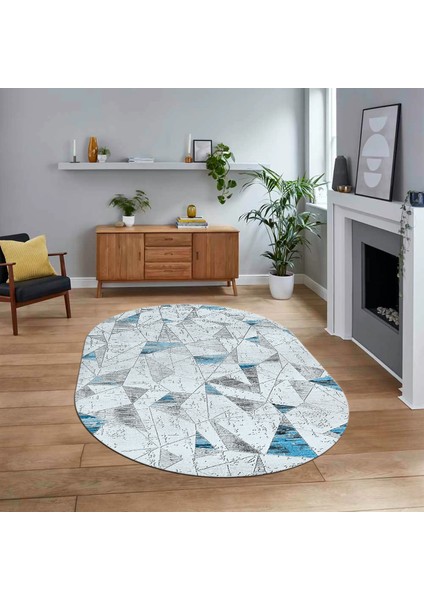 Dijital Baskılı Kaymaz Taban Yıkanabilir Oval Modern Yolluk Salon Halısı, V-O-Modern-82-Mavi,