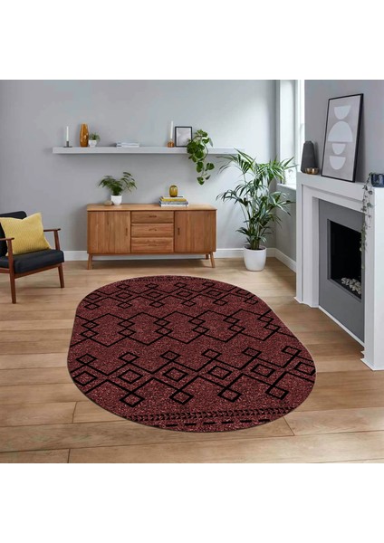 Dijital Baskılı Kaymaz Taban Yıkanabilir Oval Modern Yolluk Salon Halısı, V-O-Modern-87-Bordo,