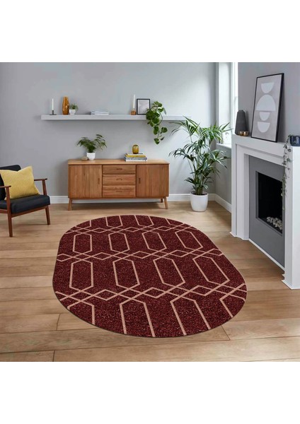 Dijital Baskılı Kaymaz Taban Yıkanabilir Oval Modern Yolluk Salon Halısı, V-O-Modern-88-Bordo,