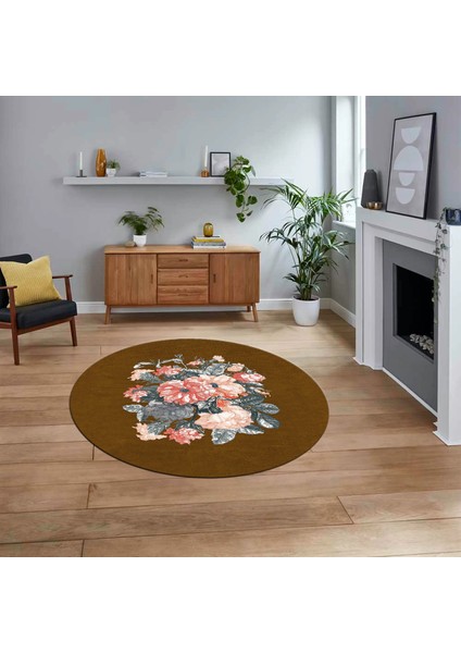 Dijital Baskılı Kaymaz Taban Yıkanabilir Yuvarlak Modern Mutfak Salon Halısı, V-Y-Modern-35-Kahve,