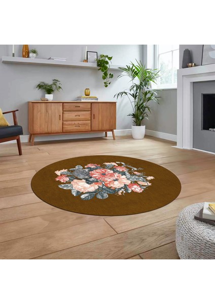 Dijital Baskılı Kaymaz Taban Yıkanabilir Yuvarlak Modern Mutfak Salon Halısı, V-Y-Modern-35-Kahve,