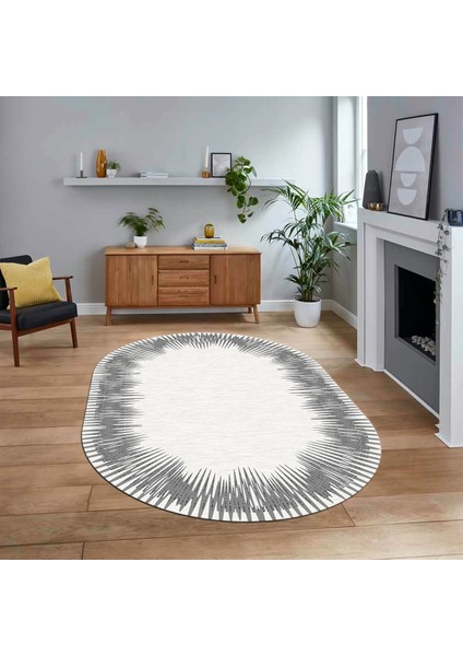 Dijital Baskılı Kaymaz Taban Yıkanabilir Oval Modern Yolluk Salon Halısı, V-O-Modern-48-Gri,