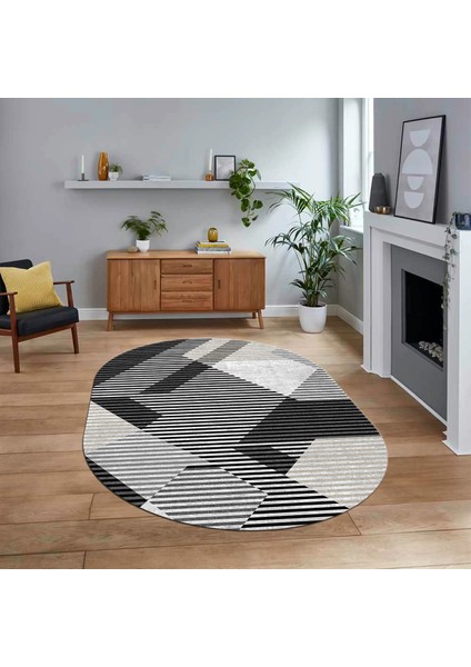 Dijital Baskılı Kaymaz Taban Yıkanabilir Oval Modern Yolluk Salon Halısı, V-O-Modern-09-Siyah,