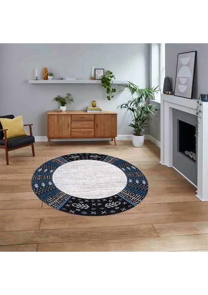 Dijital Baskılı Kaymaz Taban Yıkanabilir Yuvarlak Modern Mutfak Salon Halısı, V-Y-MODERN-119-MAVİ,