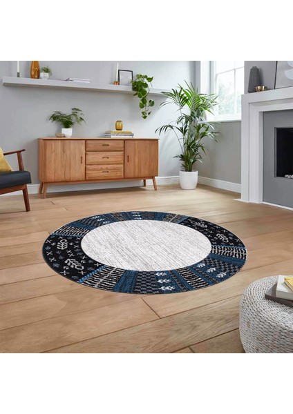 Dijital Baskılı Kaymaz Taban Yıkanabilir Yuvarlak Modern Mutfak Salon Halısı, V-Y-MODERN-119-MAVİ,