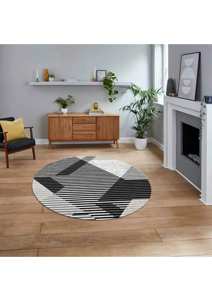 Dijital Baskılı Kaymaz Taban Yıkanabilir Yuvarlak Modern Mutfak Salon Halısı, V-Y-Modern-09-Siyah,