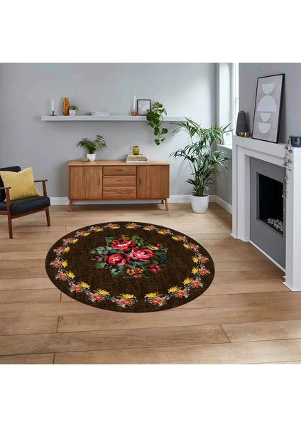 Dijital Baskılı Kaymaz Taban Yıkanabilir Yuvarlak Modern Mutfak Salon Halısı, V-Y-Modern-20-Kahve,