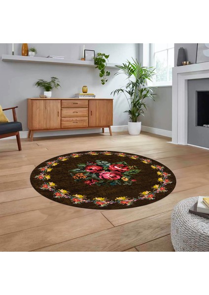 Dijital Baskılı Kaymaz Taban Yıkanabilir Yuvarlak Modern Mutfak Salon Halısı, V-Y-Modern-20-Kahve,