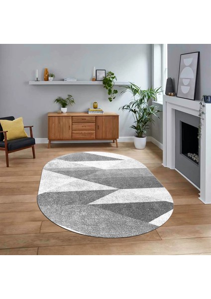 Dijital Baskılı Kaymaz Taban Yıkanabilir Oval Modern Yolluk Salon Halısı, V-O-Modern-54-Beyaz,