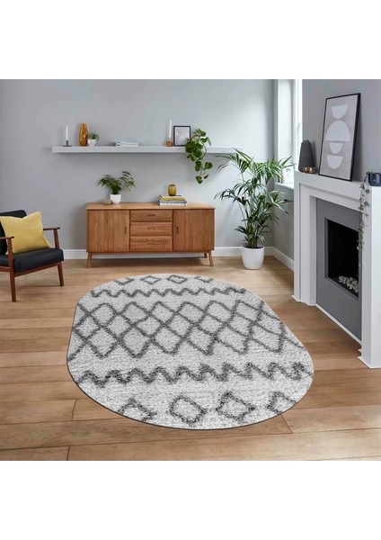 Dijital Baskılı Kaymaz Taban Yıkanabilir Oval Modern Yolluk Salon Halısı, V-O-Modern-92-Gri,