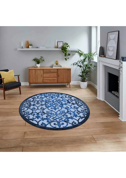 Dijital Baskılı Kaymaz Taban Yıkanabilir Yuvarlak Modern Mutfak Salon Halısı, V-Y-Modern-32-Mavi,