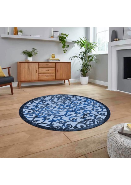 Dijital Baskılı Kaymaz Taban Yıkanabilir Yuvarlak Modern Mutfak Salon Halısı, V-Y-Modern-32-Mavi,