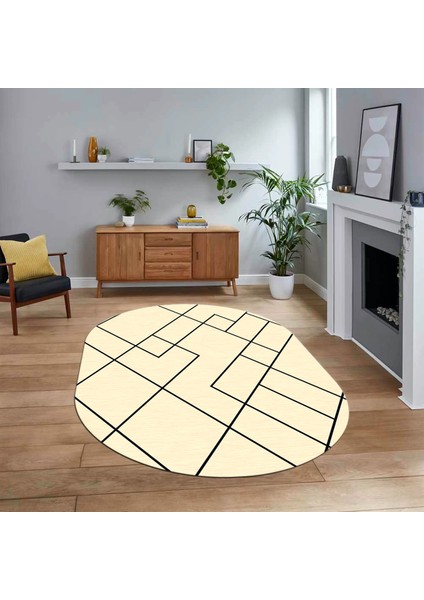 Dijital Baskılı Kaymaz Taban Yıkanabilir Oval Modern Yolluk Salon Halısı, V-O-Modern-58-Krem,