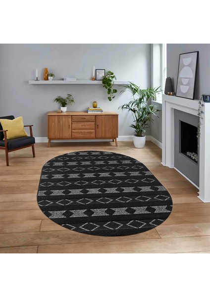 Dijital Baskılı Kaymaz Taban Yıkanabilir Oval Modern Yolluk Salon Halısı, V-O-Modern-64-Antrasit,