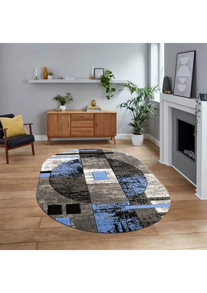 Dijital Baskılı Kaymaz Taban Yıkanabilir Oval Modern Yolluk Salon Halısı, V-O-Modern-33-Mavi,