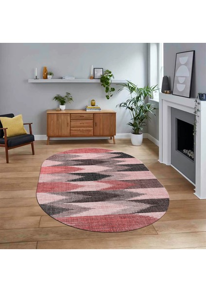 Dijital Baskılı Kaymaz Taban Yıkanabilir Oval Modern Yolluk Salon Halısı, V-O-MODERN-104-PEMBE,