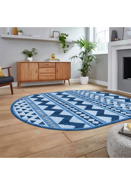 Dijital Baskılı Kaymaz Taban Yıkanabilir Oval Modern Yolluk Salon Halısı, V-O-MODERN-105-MAVİ, fiyatları