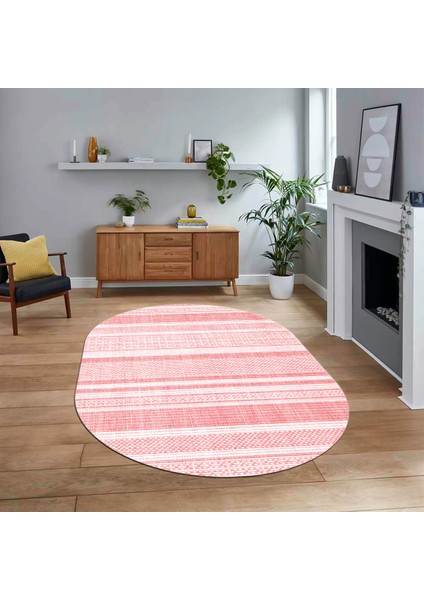 Dijital Baskılı Kaymaz Taban Yıkanabilir Oval Modern Yolluk Salon Halısı, V-O-Modern-36-Pembe,
