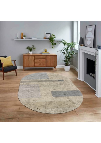 Dijital Baskılı Kaymaz Taban Yıkanabilir Oval Modern Yolluk Salon Halısı, V-O-Modern-93-Bej,