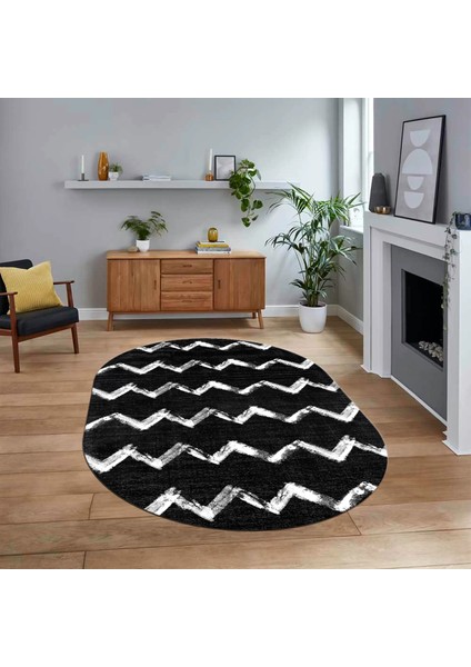 Dijital Baskılı Kaymaz Taban Yıkanabilir Oval Modern Yolluk Salon Halısı, V-O-Modern-71-Siyah,