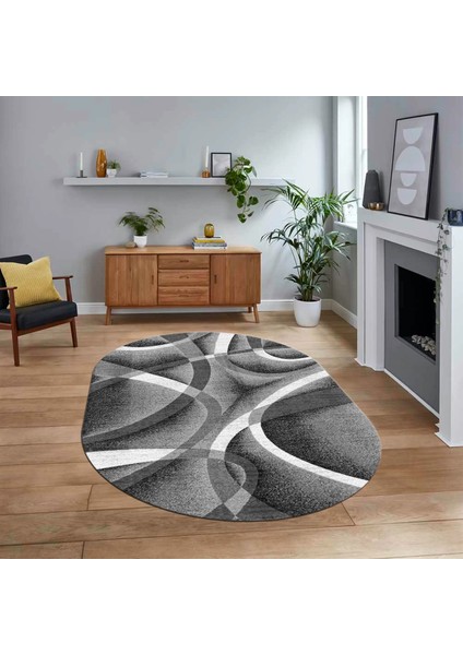 Dijital Baskılı Kaymaz Taban Yıkanabilir Oval Modern Yolluk Salon Halısı, V-O-Modern-97-Gri,
