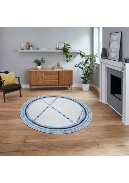 Dijital Baskılı Kaymaz Taban Yıkanabilir Yuvarlak Modern Mutfak Salon Halısı, V-Y-Modern-76-Mavi,