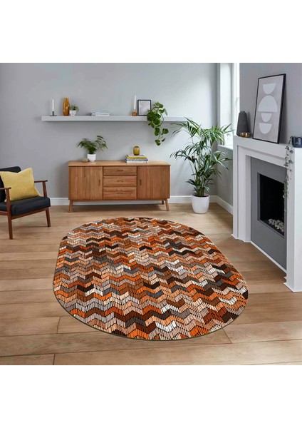 Dijital Baskılı Kaymaz Taban Yıkanabilir Oval Modern Yolluk Salon Halısı, V-O-Modern-02-Kahve,