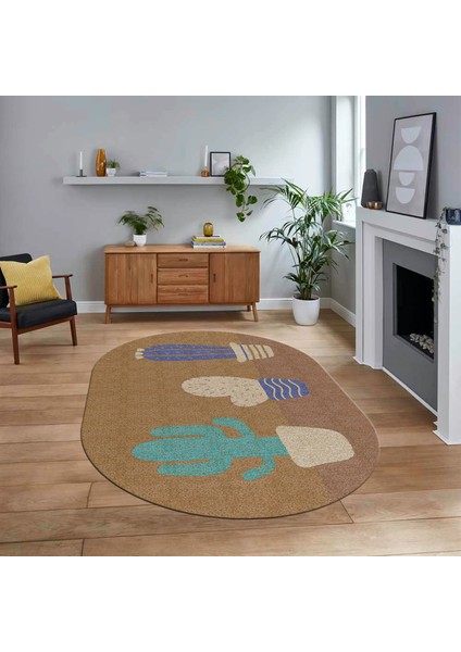 Dijital Baskılı Kaymaz Taban Yıkanabilir Oval Modern Yolluk Salon Halısı, V-O-MODERN-106-KAHVE,