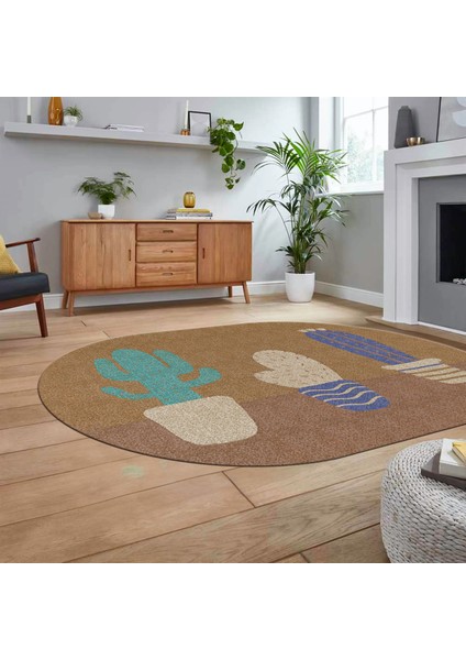 Dijital Baskılı Kaymaz Taban Yıkanabilir Oval Modern Yolluk Salon Halısı, V-O-MODERN-106-KAHVE,