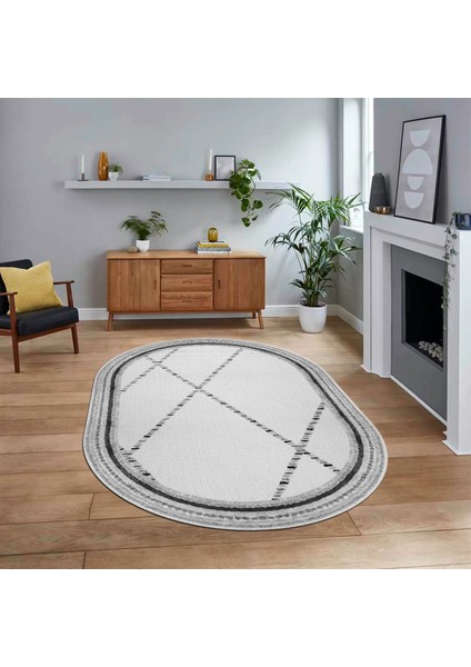 Dijital Baskılı Kaymaz Taban Yıkanabilir Oval Modern Yolluk Salon Halısı, V-O-Modern-76-Gri,